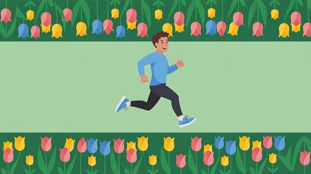 Man runs along a green path bordered by colorful tulips.