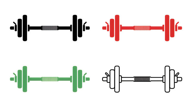 Four different colored barbells with weights