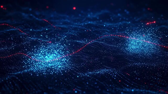 Futuristic technology background featuring glowing blue data sphere, red light trails, digital particles, abstract network paths, dynamic wave field, innovation, connectivity and digital landscape