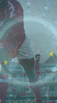 Animation of data processing and scope scanning over diverse rugby players at stadium