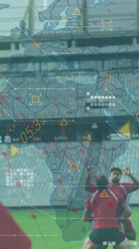 Animation of data processing and world map over diverse rugby players at stadium