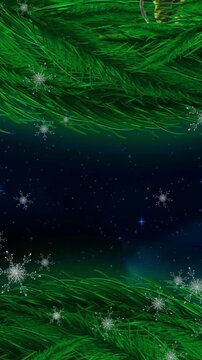 Christmas wreath decoration over snowflakes falling against shining stars on blue background