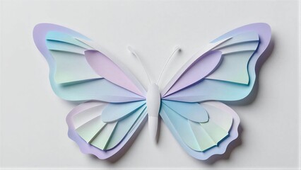 Fototapeta premium Pastel paper butterfly with layered wings, soft shadows on white background.