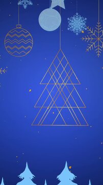 Animation of baubles over snow falling and fir trees on blue background