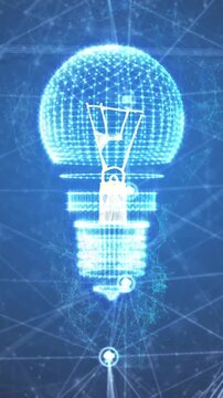 Animation of network of digital icons spinning over electric bulb against blue background
