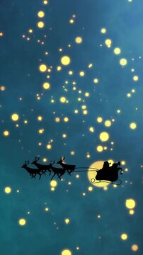 Animation of santa claus in sleigh with reindeer over light spots on blue background