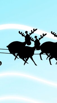 Animation of santa claus in sleigh with reindeer over white waves on blue background