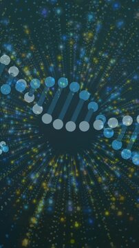 Animation of dna strands over light spots on black background