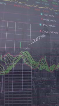 Animation of financial data processing over cityscape
