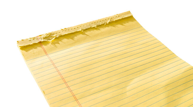 Yellow columnar pad paper sheet with lined rows and torn top edge isolated on white background accounting pad ledger paper office supply ruled paper