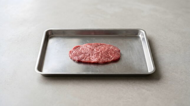 Thin meat slice sample on clean steel tray, cultivated meat product and future food concept