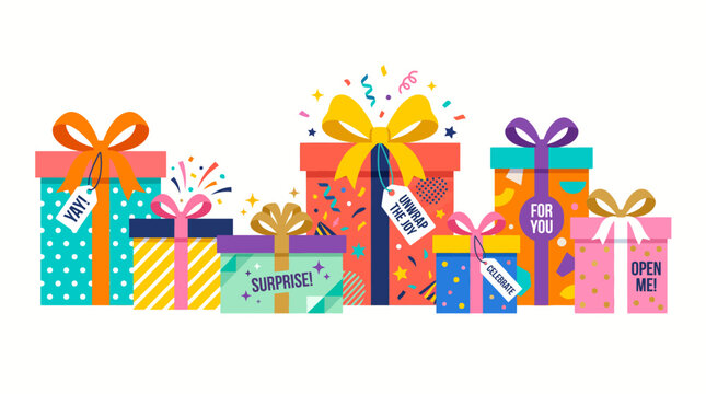 Vibrant geometric flat style gift boxes with festive ribbons and celebration tags isolated on white for greeting card banner design