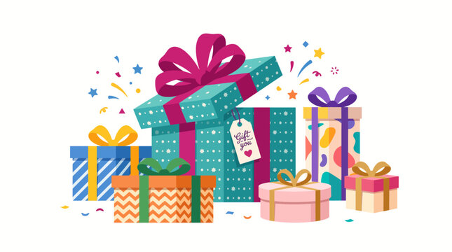 Festive pile of colorful gift boxes with ribbons and confetti in flat vector illustration style for celebration events on white background