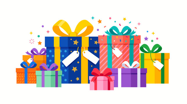Vibrant flat vector illustration of festive colorful gift boxes with satin ribbons and confetti on white background for holiday celebration