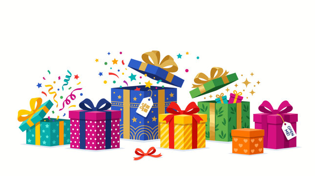 Festive colorful gift boxes with exploding confetti and ribbons in a vibrant flat vector illustration style for birthday celebrations