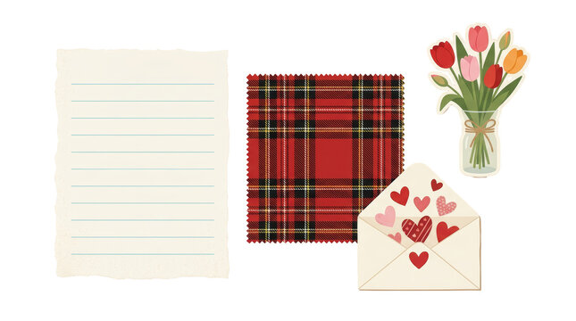 Bouquet of tulips, torn paper, plaid fabric, and heart envelope on png background