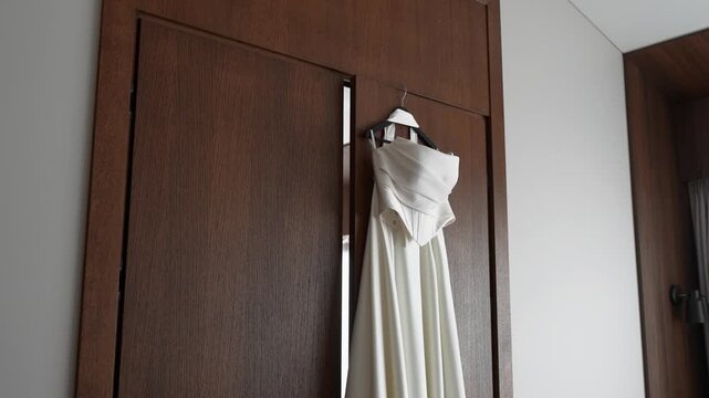 A beautiful white wedding dress hangs gracefully on a wooden wardrobe in a modern room, softly lit by natural daylight. Minimalist composition, no people present, serene bridal moment.