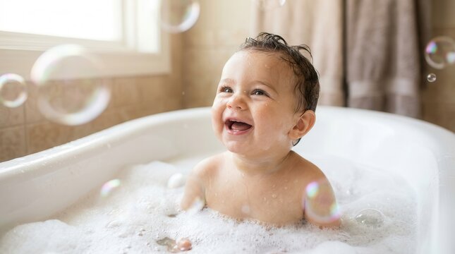 Cheerful child playing with soap bubbles in a bathtub.