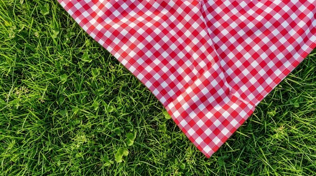 A red and white gingham picnic cloth spread on a lush green grass lawn background.