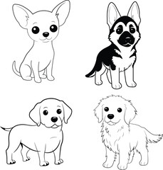 Fototapeta premium Cute Puppy Breeds Coloring Page Set, Cartoon Dogs Line Art Illustration, Black and White Outline Bundle