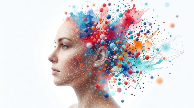 A conceptual research design of the human mind composed of colorful molecules and geometric networks.