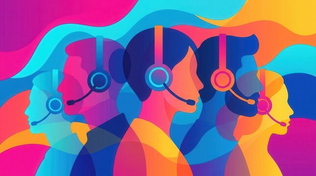 A minimal background abstract banner depicting a customer service concept with silhouettes of people wearing headsets.