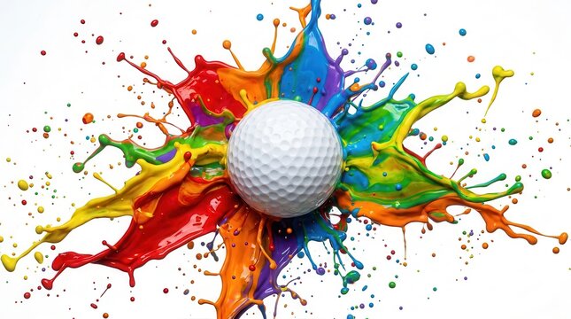 Dynamic multicolored liquid splash graphics exploding around a golf ball.