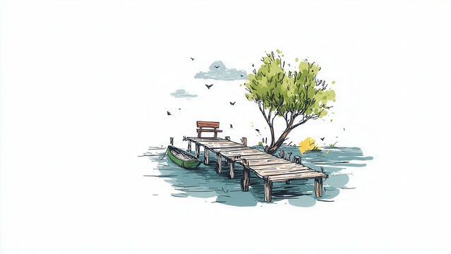 Tranquil lakeside pier with boat and tree in minimalist hand-drawn style