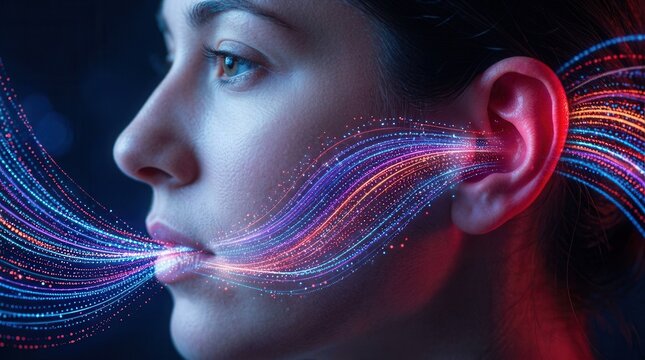 Digital audio technology concept showing sound waves moving toward a human ear in red and blue light.