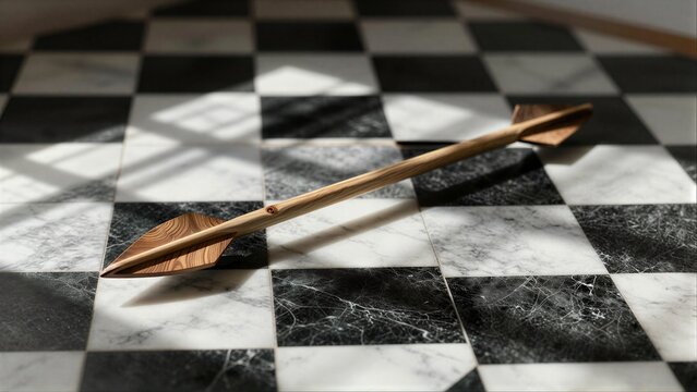 Wooden arrows cross on marble chessboard, sunlight casting shadows.