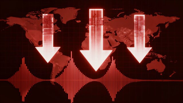 Global decline signaled by red arrows and sound waves over a world map.