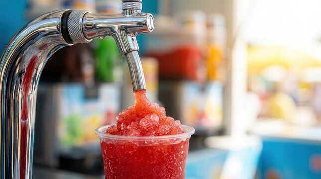A cold slushie beverage being poured from a machine into a plastic cup on a hot summer day.