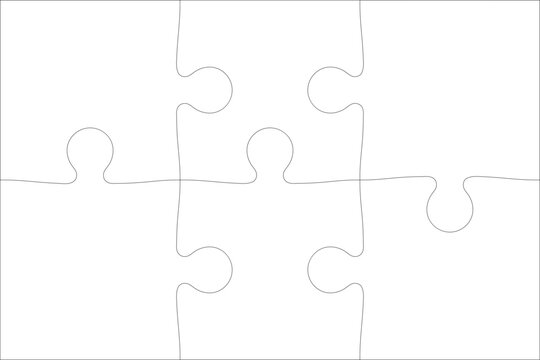Detailed various shapes puzzle grid overlay. Jigsaw puzzle blank template. 3x2 shapes, 6 pieces. Separate matching puzzle elements. Vector png