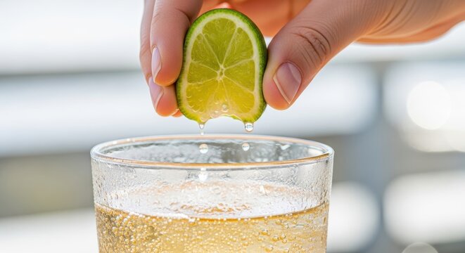 Refreshing citrus twist: lime squeeze over sparkling beverage with bubbles