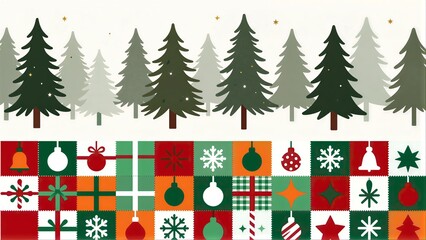 Fototapeta premium Christmas trees and festive ornaments in a colorful, holiday-themed grid design.