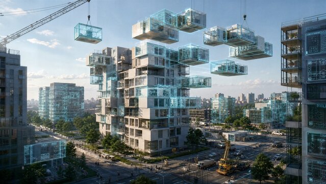 Future Cityscape Under Construction: Modular building components are meticulously assembled by cranes in a dynamic urban environment.