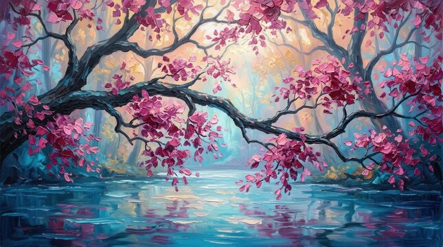 A colorful autumn forest landscape featuring vibrant leaves and a river in painting style.