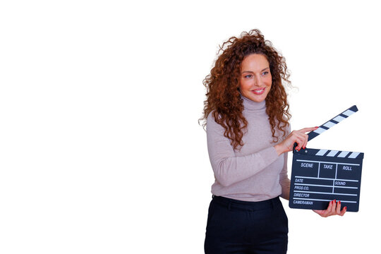 Woman holding clapperboard, preparing to shoot a movie scene, acting and film production industry concept