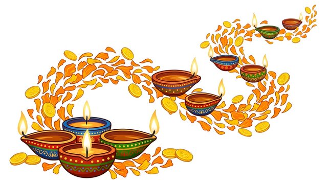 Asymmetrical arrangement of hand painted terracotta diyas with flower petals and gold coins