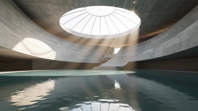 Modern brutalist interior featuring curved raw concrete walls, a large circular oculus skylight with sunbeams illuminating an indoor pool with clear water reflections and stairs.