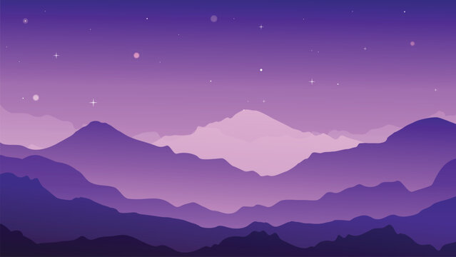 Purple mountain range landscape background with layered hills, starry night sky, misty atmosphere, and dusk mountain silhouette for nature banner design.