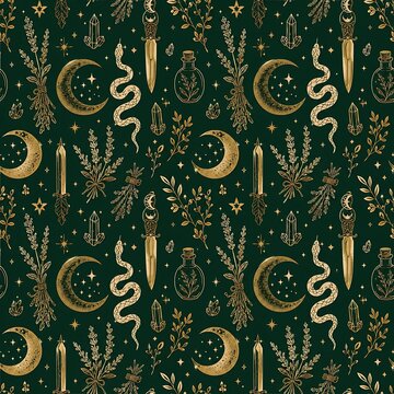 Halloween Mystical Witchy Seamless Pattern with Golden Crescent Moon Snake Crystals Potion Bottles and Lavender Herbs on Dark Green Background