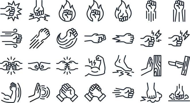 Martial arts punch and power hand gesture line icon set with fist strike fire bump bicep vector illustration isolated on white background