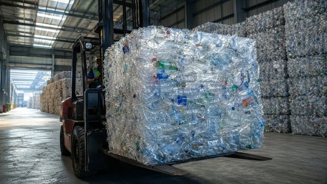 Forklift Transporting Recycled Plastic Bottles: A forklift lifts a massive bale of compressed plastic bottles within a warehouse, highlighting the industrial process of recycling and waste management.
