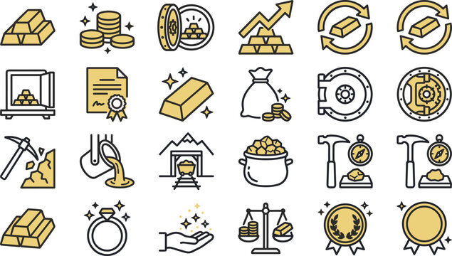 Gold investment and mining line icon set with bullion bars vault safe coins jewelry finance vector illustration isolated on white background