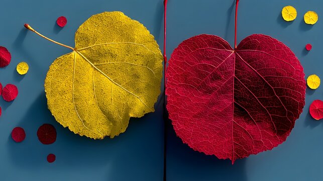 Artistic flat lay of yellow and red heart shaped leaves on blue surface with botanical confetti