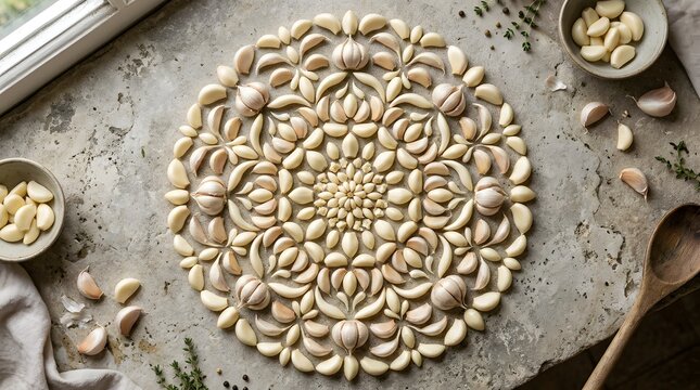 Artistic mandala pattern made of fresh garlic cloves and bulbs on rustic stone background