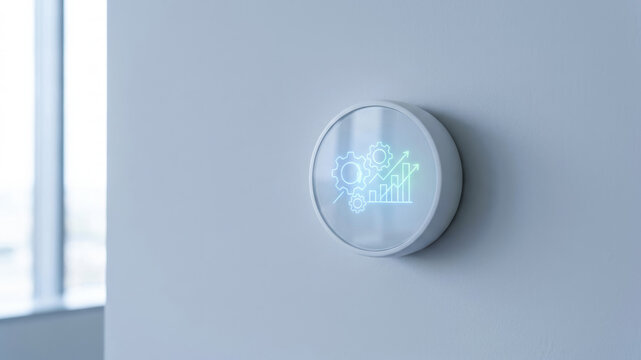 Analytics concept with glowing gear and chart symbol on round wall fixture, supporting modern technology and data strategy planning indoors
