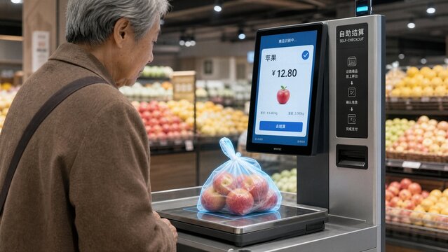 Grocery Weighing Station: An elderly woman uses a digital scale at a grocery store to weigh a bag of apples, with a screen displaying the price.