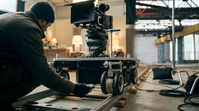 A focus puller fine-tunes the lens as the dolly track leads into the set
